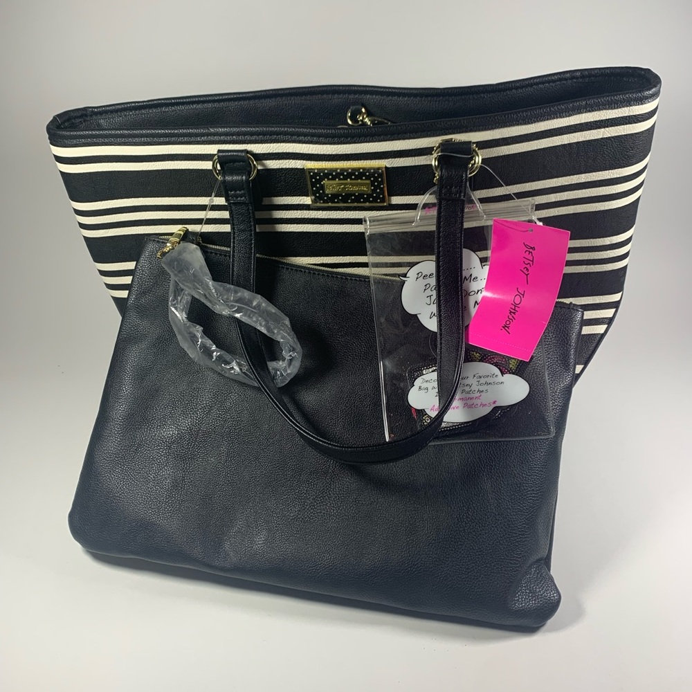 Betsey Johnson Black And White Striped Tote with Patches BRAND NEW WITH TAGS - Picture 1 of 13